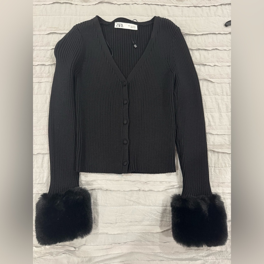 Zara Black Cardigan with Faux Fur Cuffs
